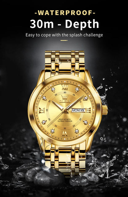 OLEVS Quartz Watch for Men Luxury Diamonds Gold Watch Waterproof Luminous Stainless Steel Business Men's Quartz Watch Mens Watch